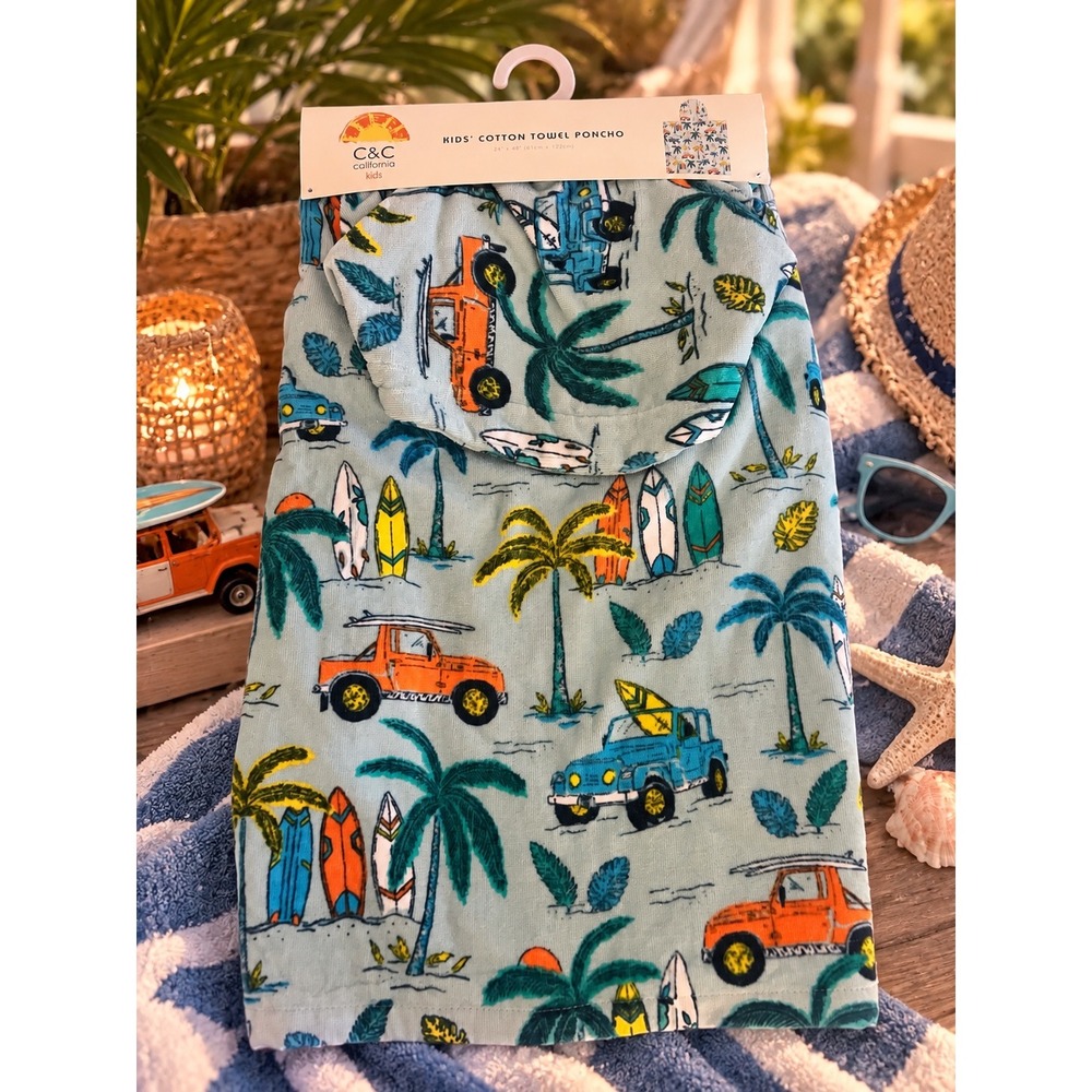 C&C California Kids Cotton Towel Poncho Blue Surf Truck Palm Tree Hooded 24x48